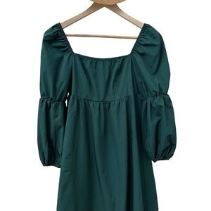 New Collection Puff Sleeve Mini‎ Dress XS Dark Green Square Neck Smocked Back